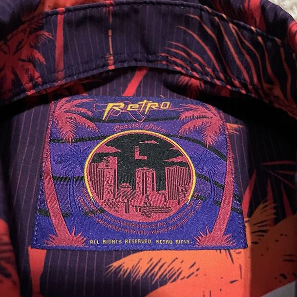 Retro Rifle Shirt Men’s Large Purple Orange Hawaiian Button Down Coastal Palm - Picture 3 of 7